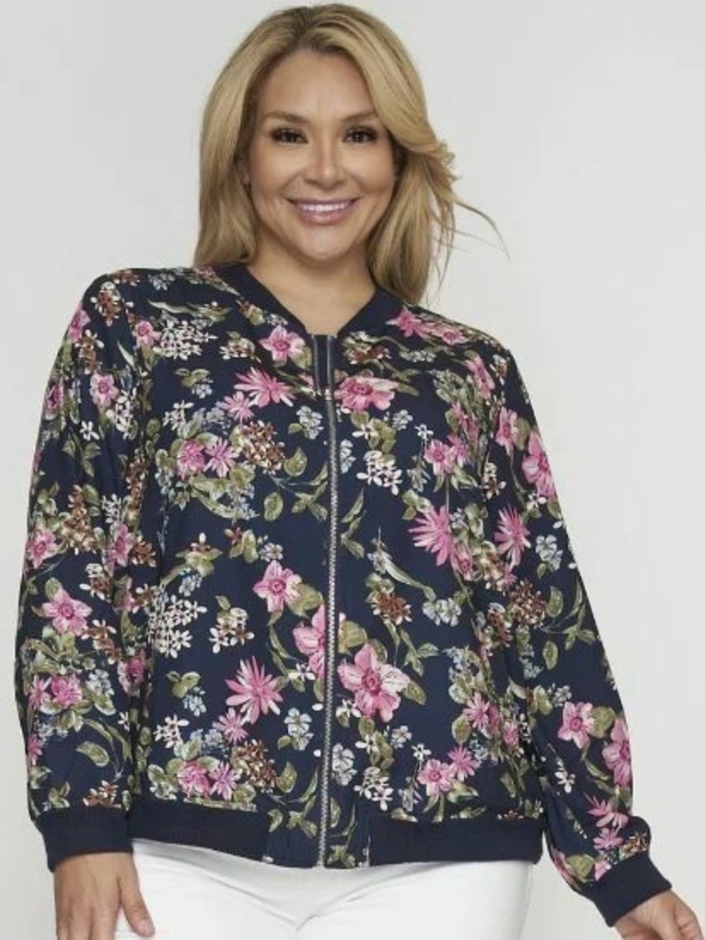 NWT Skies Are Blue Lightweight Navy Blue Floral Bomber Jacket Size 1X